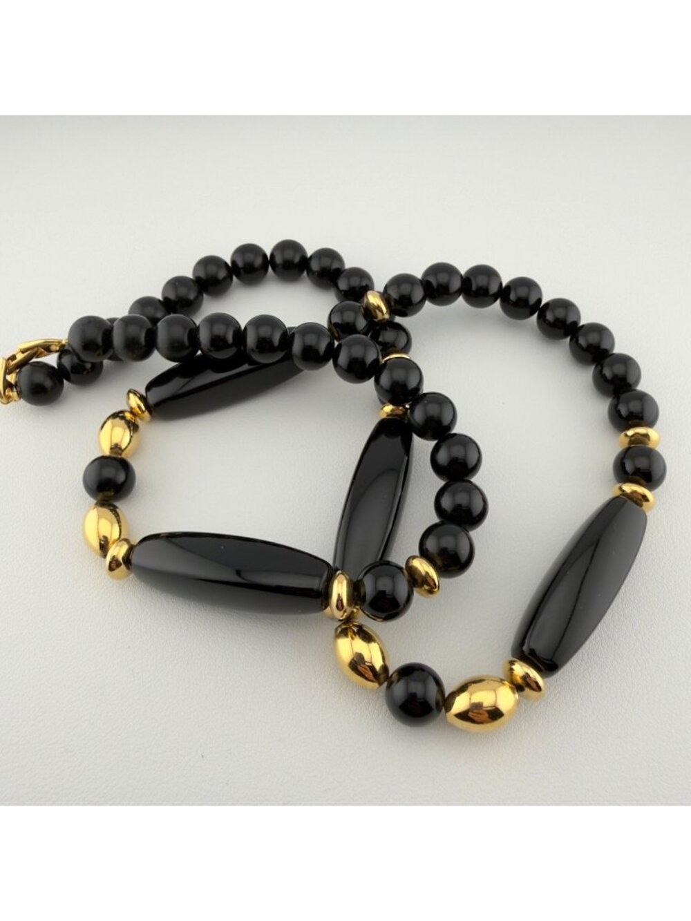 Vintage Napier Black Acrylic Bead Necklace Gold Tone Classic Mid Century Signed